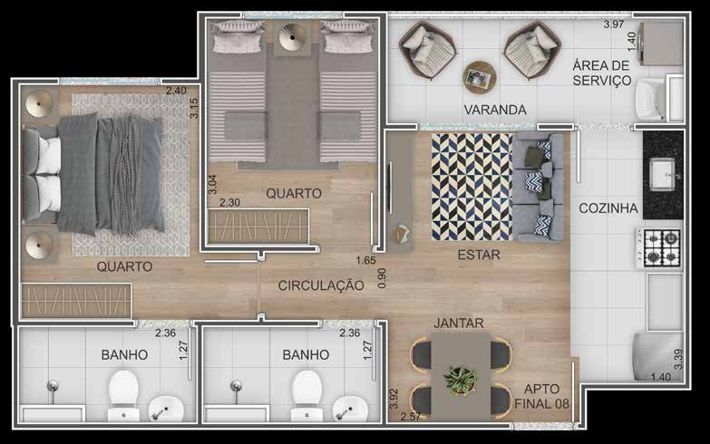 Planta de 2 quartos com suíte - 47 m²