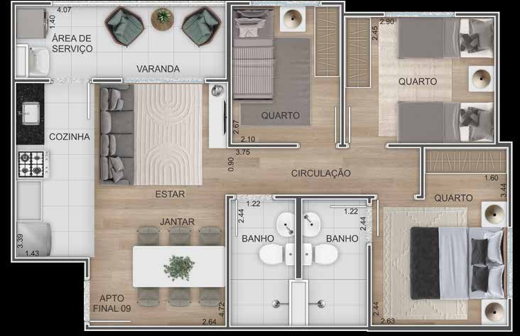 Planta de 3 quartos com suíte - 58 m²