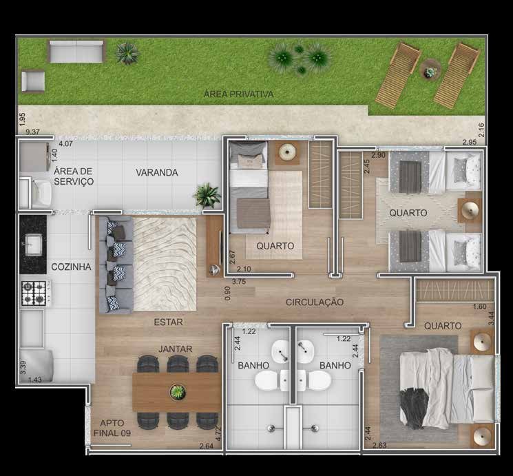Planta garden de 3 quartos com suíte - 78 m²