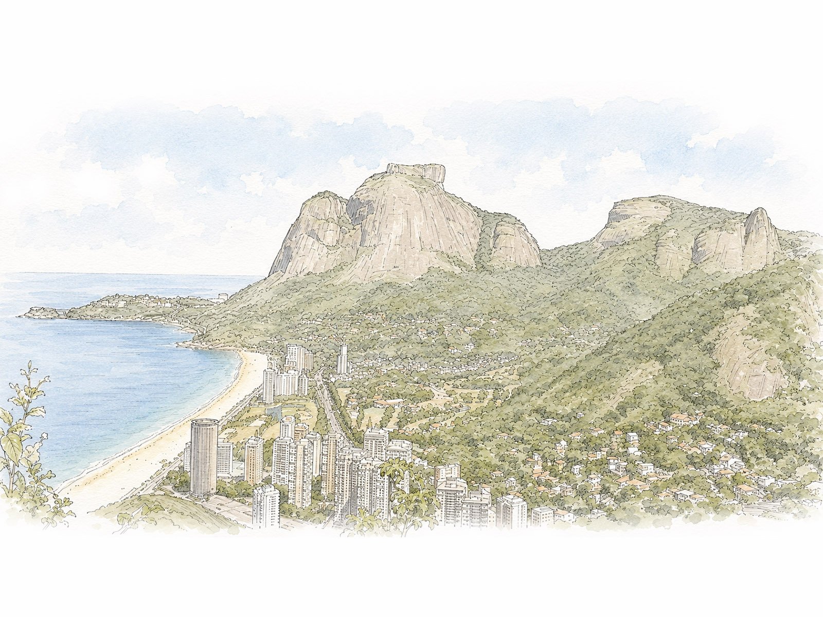 Ilustração em aquarela da Gávea, entre o mar e a Mata Atlântica